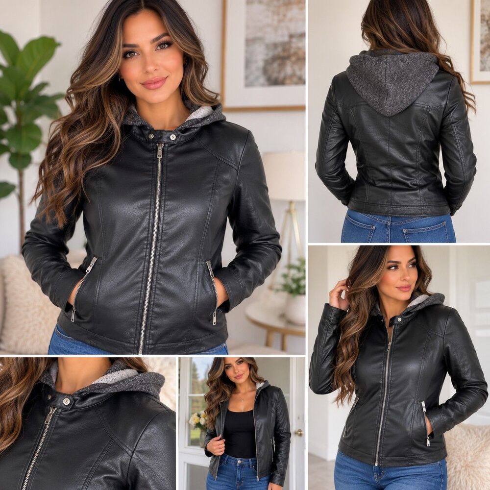 New Look Women's Black Faux Leather Hooded Moto Jacket – Removable Knit Hood L